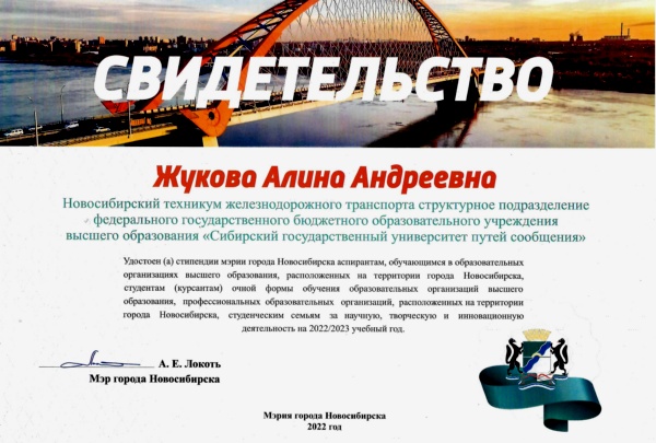 Свидетельство Жуковой Алины на получение стипендии мэра г. Новосибирска